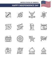 Happy Independence Day Pack of 16 Lines Signs and Symbols for buntings ball ice sport basketball food Editable USA Day Vector Design Elements