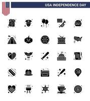 Set of 25 Modern Solid Glyph pack on USA Independence Day meal burger celebrate american speaker Editable USA Day Vector Design Elements