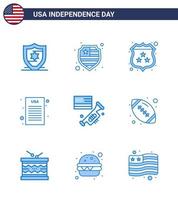 Stock Vector Icon Pack of American Day 9 Line Signs and Symbols for american ball rugby declaration of independence ball laud Editable USA Day Vector Design Elements