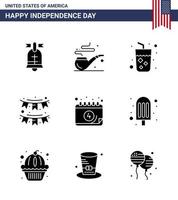 Big Pack of 9 USA Happy Independence Day USA Vector Solid Glyphs and Editable Symbols of calendar garland drink party buntings Editable USA Day Vector Design Elements