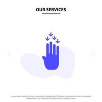 nuestros servicios dedo cuatro gesto hacia abajo icono de glifo sólido plantilla de tarjeta web vector