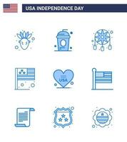 Modern Set of 9 Blues and symbols on USA Independence Day such as love usa adornment flag day Editable USA Day Vector Design Elements