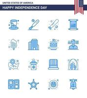 paquete de 16 signos de blues de celebración del día de la independencia de EE. UU. Y símbolos del 4 de julio, como la construcción de alimentos, crema de EE. UU., Elementos de diseño de vectores del día de EE. UU. editables de EE. UU.