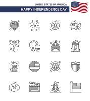 Pack of 16 USA Independence Day Celebration Lines Signs and 4th July Symbols such as frankfurter usa bird united map Editable USA Day Vector Design Elements