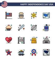 Set of 16 Vector Flat Filled Lines on 4th July USA Independence Day such as dessert usa badge united map Editable USA Day Vector Design Elements