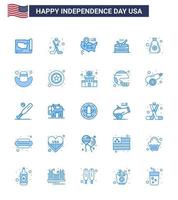 Pack of 25 USA Independence Day Celebration Blues Signs and 4th July Symbols such as bag dollar location parade instrument Editable USA Day Vector Design Elements