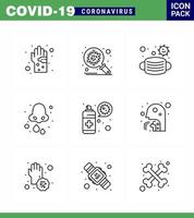 Covid19 icon set for infographic 9 Line pack such as drops allergy protection safety mask viral coronavirus 2019nov disease Vector Design Elements