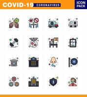 Coronavirus Precaution Tips icon for healthcare guidelines presentation 16 Flat Color Filled Line icon pack such as carrier sports ambulance weight dumbbell viral coronavirus 2019nov disease Vect vector