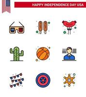 Group of 9 Flat Filled Lines Set for Independence day of United States of America such as usa ball frankfurter american plent Editable USA Day Vector Design Elements