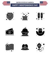 USA Happy Independence DayPictogram Set of 9 Simple Solid Glyphs of muffin cake corn dog usa money Editable USA Day Vector Design Elements