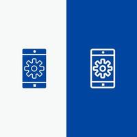 aplicación móvil configuración de aplicación móvil línea y glifo icono sólido bandera azul línea y glifo icono sólido bandera azul vector