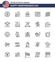 Modern Set of 25 Lines and symbols on USA Independence Day such as flag star burger american book Editable USA Day Vector Design Elements