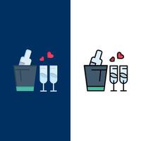 botella vidrio amor boda iconos plano y línea llena icono conjunto vector fondo azul