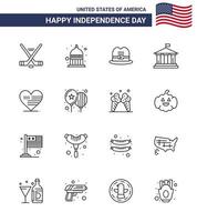 feliz día de la independencia paquete de iconos de 16 líneas para web e impresión sombrero de corazón americano bandera de estados unidos elementos de diseño vectorial editables del día de estados unidos vector