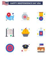 Happy Independence Day Pack of 9 Flats Signs and Symbols for entrance saloon american doors military Editable USA Day Vector Design Elements