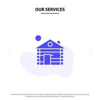 nuestros servicios servicio de construcción de hotel hogar icono de glifo sólido plantilla de tarjeta web vector