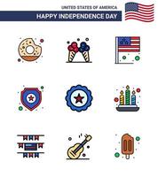 feliz día de la independencia 4 de julio conjunto de 9 líneas planas llenas pictografía americana de bebida signo día estrella escudo elementos de diseño de vector de día de estados unidos editables