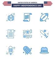 Big Pack of 9 USA Happy Independence Day USA Vector Blues and Editable Symbols of party buntings footbal american declaration of independence Editable USA Day Vector Design Elements