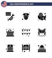 conjunto de 9 paquetes de glifos sólidos modernos en el festival de papel del día de la independencia de estados unidos palos tambor elementos de diseño de vector de día de estados unidos editables