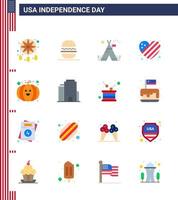 Happy Independence Day USA Pack of 16 Creative Flats of pumpkin love tent free heart american Editable USA Day Vector Design Elements