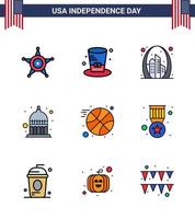 Happy Independence Day 9 Flat Filled Lines Icon Pack for Web and Print basketball statehouse arch indianapolis usa Editable USA Day Vector Design Elements