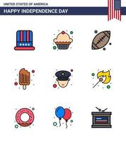 9 USA Flat Filled Line Pack of Independence Day Signs and Symbols of police man footbal ice cream cream Editable USA Day Vector Design Elements