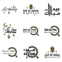 feliz de eid paquete de 9 tarjetas de felicitación de eid mubarak con estrellas brillantes en el festival de la comunidad musulmana de caligrafía árabe vector