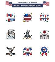 gran paquete de 9 estados unidos feliz día de la independencia líneas planas llenas de vector de estados unidos y símbolos editables de sobre de invitación del festival de correo de cohete elementos de diseño de vector de día de estados unidos editables