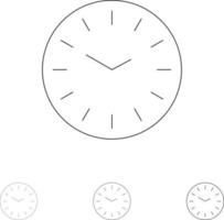 juego de iconos de línea negra audaz y delgada de limpieza de reloj de tiempo vector