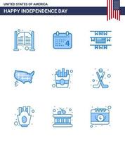 conjunto moderno de 9 azules y símbolos en el día de la independencia de EE. UU., como alimentos, EE. UU., mapa unido estadounidense, elementos de diseño vectorial editables del día de EE. UU. vector