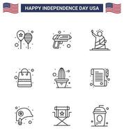 Line Pack of 9 USA Independence Day Symbols of shop money weapon bag statue Editable USA Day Vector Design Elements