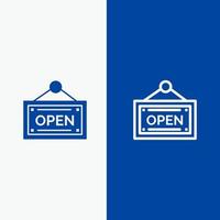 línea de tablero de tienda abierta y glifo icono sólido banner azul vector