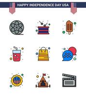 Happy Independence Day USA Pack of 9 Creative Flat Filled Lines of money wine independence juice alcohol Editable USA Day Vector Design Elements