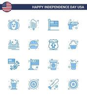 Group of 16 Blues Set for Independence day of United States of America such as golden bridge states weapon security Editable USA Day Vector Design Elements