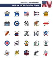 Pack of 25 USA Independence Day Celebration Flat Filled Lines Signs and 4th July Symbols such as cinema packages flag money paper Editable USA Day Vector Design Elements