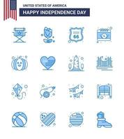conjunto moderno de 16 azules y símbolos en el día de la independencia de EE. UU., como la fecha de la comida, el calendario abundante, los elementos de diseño vectorial del día de EE. UU. editables en EE. UU. vector