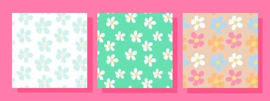 Set of three abstract square seamless patterns with vintage groovy daisy flowers. Retro floral vector background surface design, textile, stationery, wrapping paper, covers. 60s, 70s, 80s style