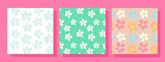 Set of three abstract square seamless patterns with vintage groovy daisy flowers. Retro floral vector background surface design, textile, stationery, wrapping paper, covers. 60s, 70s, 80s style