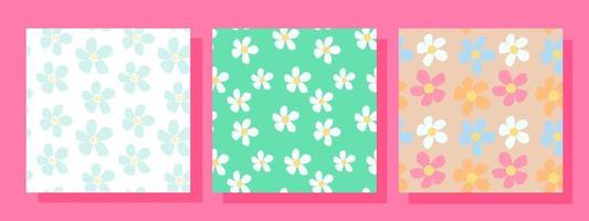 conjunto de tres patrones cuadrados abstractos sin costuras con flores de margarita maravillosas vintage. diseño de superficie de fondo de vector floral retro, textil, papelería, papel de regalo, cubiertas. estilo años 60, 70, 80