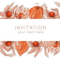 Physalis watercolor frame with space for text, Vector illustration for wallpaper, wrapping paper, textile, cosmetic, package design, background tea, cover page book