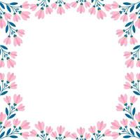 Square floral border, Twigs with pink flowers and leaves in flat style. Vector frame template