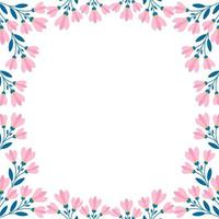 Square floral border, Twigs with pink flowers and leaves in flat style. Vector frame template