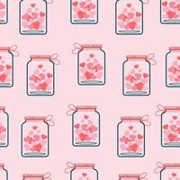 Jars of different shapes filled with hearts and stars seamless pattern. Vector background