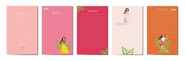 Personal diary templates. Vector elegant design, a cute girl with a book in her hands