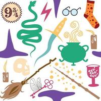 Witches school of magical objects seamless pattern in flat style vector