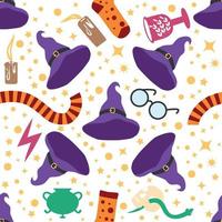 Witches school of magical objects seamless pattern in flat style vector