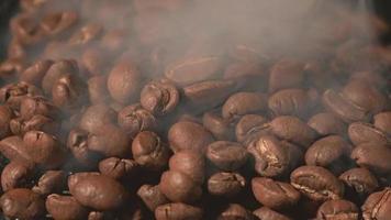 slow motion van gebrande koffiebonen vallen. biologische koffie zaden. video