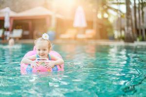 Little adorable girl in outdoor swimming pool photo