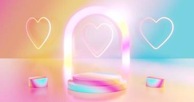 Pastel podium double step round stage with hearts neon light are turning at the wall. video