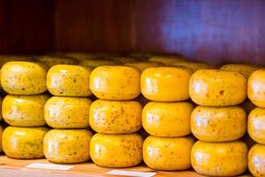 pila de queso en una tienda en amsterdam, países bajos foto